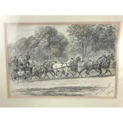 22 - ORIGINAL INK DRAWING DEPICTING COACH AND HORSES, ‘EXTRA HORSES UP SLAUGHAM HILL’ AND SIGNED STURGESS... 