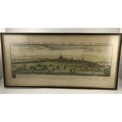 1 - COLOURED ENGRAVING, NORTH EAST PROSPECT OF THE CITY HEREFORD, SAMUEL AND NATHANIEL BUCK, DATED 1732,... 