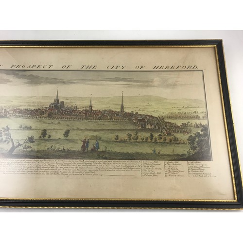 1 - COLOURED ENGRAVING, NORTH EAST PROSPECT OF THE CITY HEREFORD, SAMUEL AND NATHANIEL BUCK, DATED 1732,... 