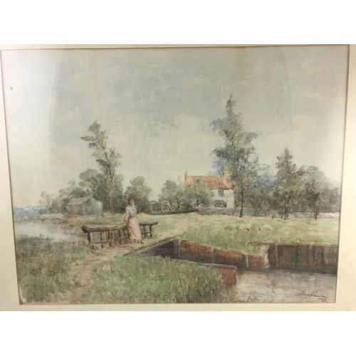 10 - WATERCOLOUR DEPICTING RURAL SCENE WITH LADY ON A BRIDGE, SIGNED HENRY GREEN 1888, APPROX. 63 X 49 cm