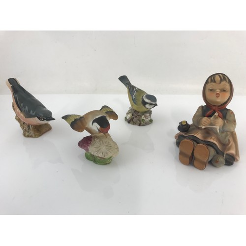 74 - HUMMEL FIGURE OF A SEATED GIRL, BESWICK NUTHATCH, ROYAL WORCESTER BLUE TIT AND GOLD FINCH