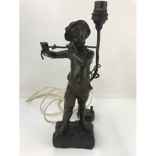 236 - GOOD QUALITY BRONZE LAMP IN THE FORM OF A BOY IN A HAT PLAYING A ‘TWIG’ FLUTE, INDISTINCTLY SIGNED, ... 