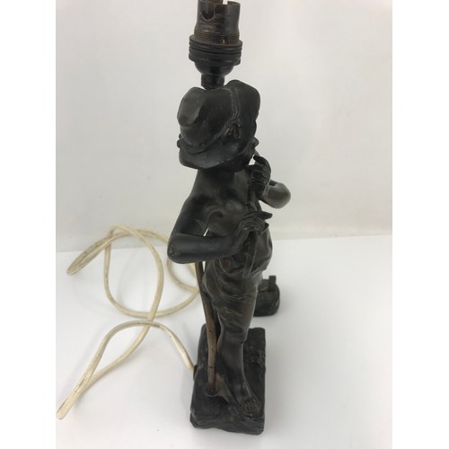 236 - GOOD QUALITY BRONZE LAMP IN THE FORM OF A BOY IN A HAT PLAYING A ‘TWIG’ FLUTE, INDISTINCTLY SIGNED, ... 