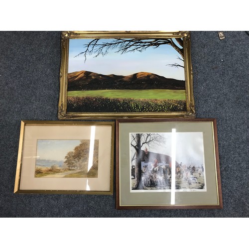 21 - MISC. PICTURES AND PRINTS INC. LOCAL OIL, HUNT SCENE AND A WATERCOLOUR RURAL SCENE (3)