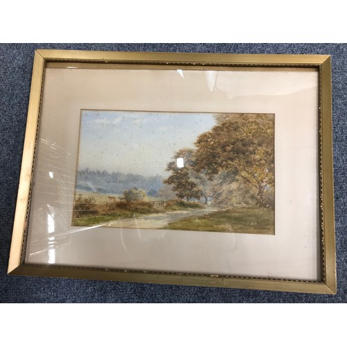 21 - MISC. PICTURES AND PRINTS INC. LOCAL OIL, HUNT SCENE AND A WATERCOLOUR RURAL SCENE (3)