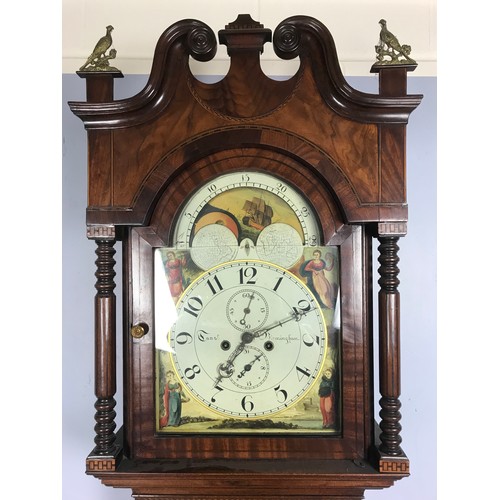 250 - MAHOGANY LONGCASE CLOCK HAVING PAINTED DIAL WITH MOON PHASE TO ARCH – 8 DAY MOVEMENT POSSIBLY TANSLE... 