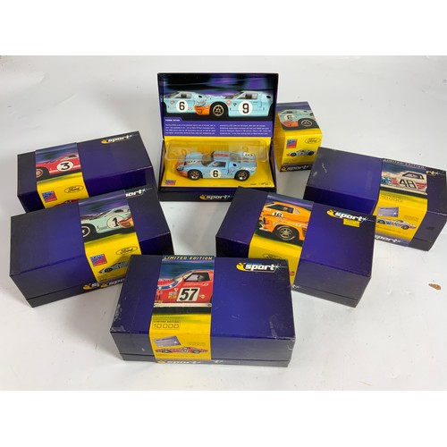 184 - 6 SCALEXTRIC SPORT SLOT CARS IN BOXES. SMOKE STAINING AS SHOWN