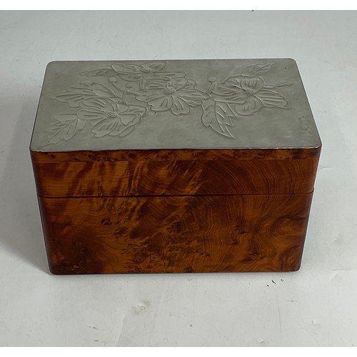 267 - FRENCH WOODEN BOX WITH EMBOSSED PEWTER DECORATION TO THE HINGED LID