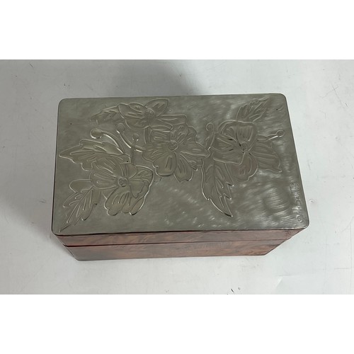 267 - FRENCH WOODEN BOX WITH EMBOSSED PEWTER DECORATION TO THE HINGED LID