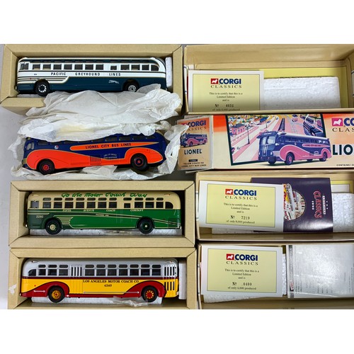 160 - CORGI, 4 BOXED AMERICAN BUS / COACH MODELS, 98604 GM 4507 FIFTH AVENUE, 98600 GM 4502 PACIFIC GREYHO... 