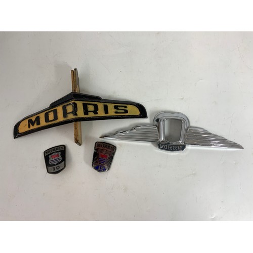 6 - A WINGED MORRIS VEHICLE BADGE, 2  INSERTS MORRIS 10 & MORRIS 12, APPROX 30 CM, AN ANGLED MORRIS BADG... 