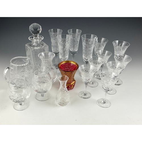 222 - QUANTITY OF MISC. STUART, ROYAL BRIERLEY FUSCHIA GLASSWARE WITH CRANBERRY AND GILT VASE