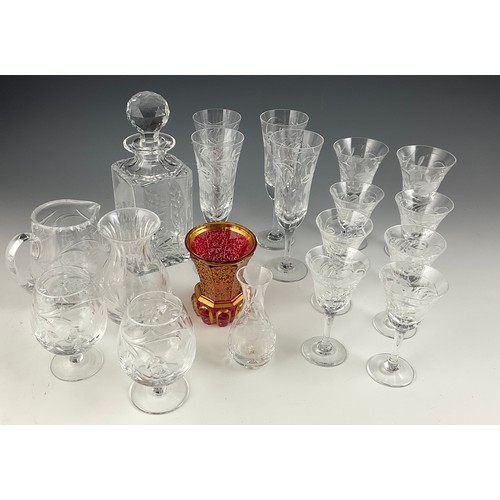 222 - QUANTITY OF MISC. STUART, ROYAL BRIERLEY FUSCHIA GLASSWARE WITH CRANBERRY AND GILT VASE