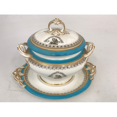 205 - GOOD QUALITY 62 PIECE PART DINNER SERVICE , TURQUOISE AND GILT DECORATION, RETAILED BY SOANE SMITH, ... 