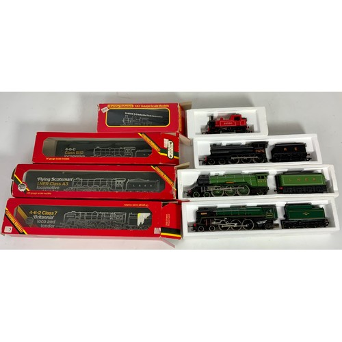 467 - HORNBY, 4 BOXED LOCOMOTIVES, R855 4472 FLYING SCOTSMAN, BRITANNIA, R150 B12 & R455 /R15 25550