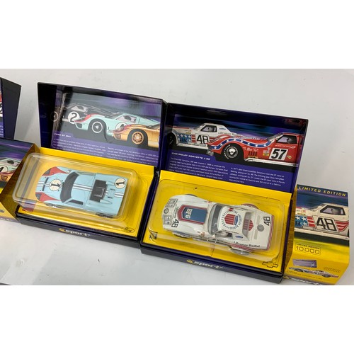 184 - 6 SCALEXTRIC SPORT SLOT CARS IN BOXES. SMOKE STAINING AS SHOWN