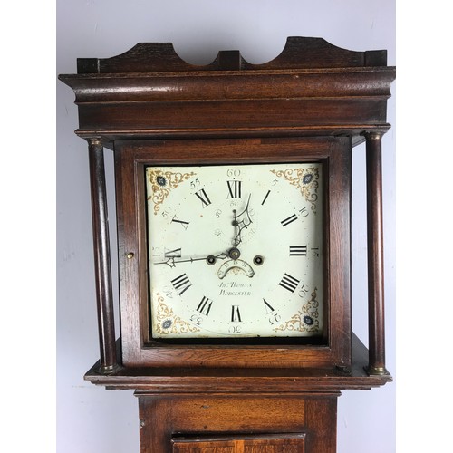 249 - OAK CASED LONG CASE CLOCK BY THOMAS OF WORCESTER HAVING A SQUARE PAINTED DIAL WITH SUBSIDIARY SECOND... 