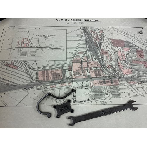 268 - 21 CM SPANNER, STAMPED GWR, COAT HOOK POSSIBLY REPRO, & A PLAN OF SWINDON WORKS