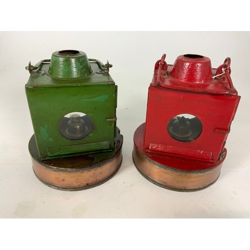 275 - 2 RAILWAY SIGNAL LAMPS, REPAINTED BUT WITH BURNERS, OIL CAPS STAMPED GWR