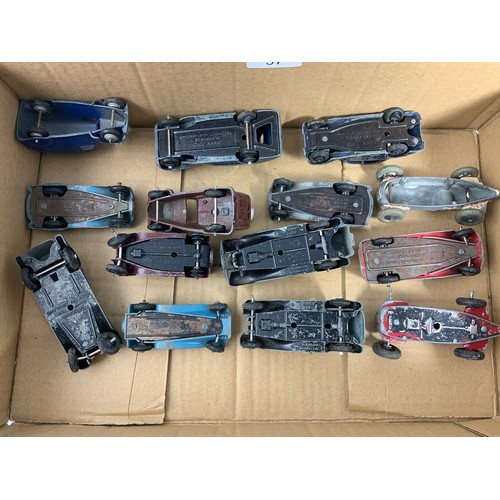 97 - DINKY & DIECAST, PLAYWORN , OLDER MODELS TWO LOUD SPEAKER VANS, EARLY RACING CARS, SOME WITH CRIMPED... 