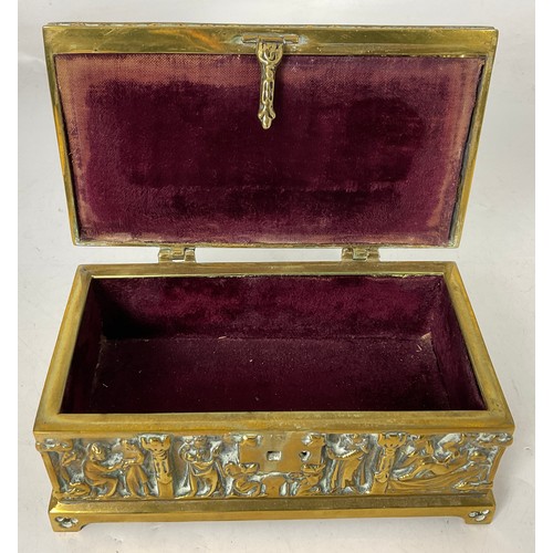 254 - HEAVY RELIEF DECORATED BRASS BOX WITH HINGED LID Approx 22CM