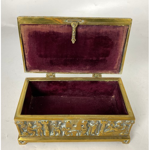 254 - HEAVY RELIEF DECORATED BRASS BOX WITH HINGED LID Approx 22CM