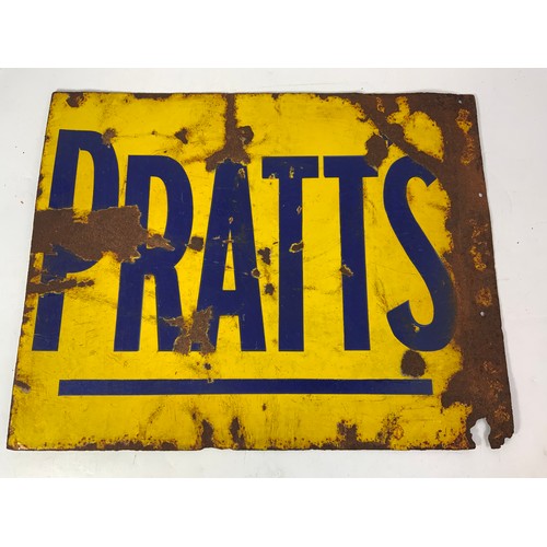 3 - ENAMEL ADVERTISING SIGN, PRATTS , BLUE LETTERS ON YELLOW BACKGROUND, DOUBLE SIDED. HAS HAD CORNER MO... 