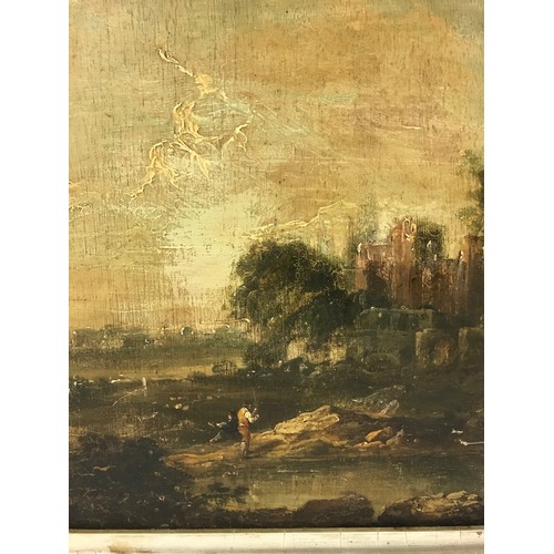 40 - OIL ON PANEL DEPICTING FISHERMEN AND A RUINED BUILDING IN AN OAK FRAME, APPROX. 34 X 28 cm