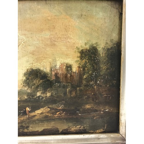 40 - OIL ON PANEL DEPICTING FISHERMEN AND A RUINED BUILDING IN AN OAK FRAME, APPROX. 34 X 28 cm