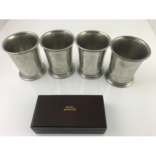 296 - 4 PEWTER TANKARDS WITH A ROYAL SELANGOR BOXED MINATURE VESSELS