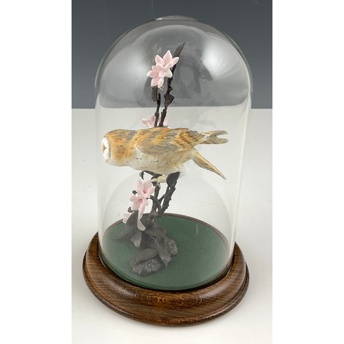 113 - ROYAL WORCESTER BARN OWL ON BRONZE BASE IN GLASS DOME