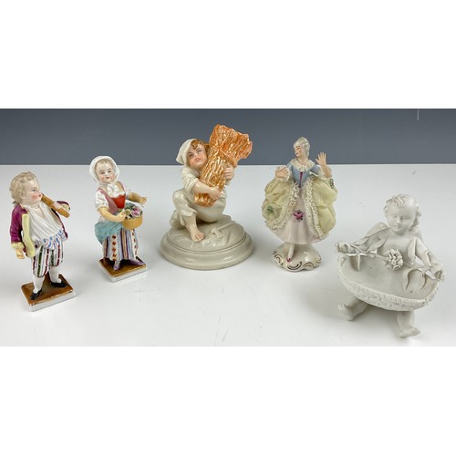 146 - FIVE CONTINENTAL FIGURINES INCLUDING DRESDEN LACE AND HARDPACED FIGURINES