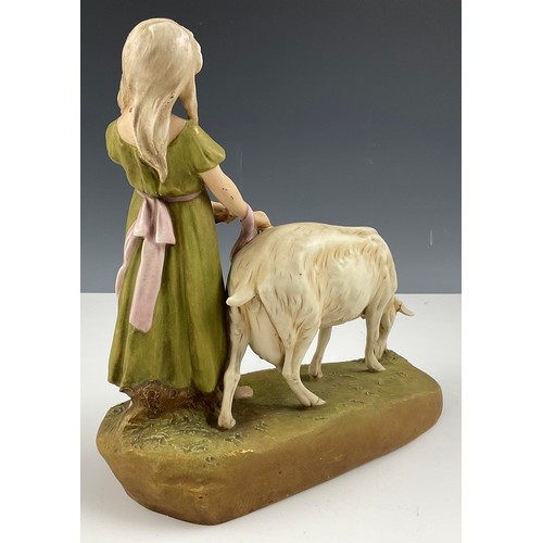 102 - LARGE ROYAL DUX FIGURE OF A LADY WITH A GOAT (AF)