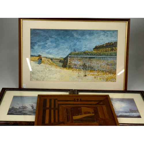 29 - OIL ON CANVAS LAND & SKY SCAPE, SIG. TAYLOR 76?, PLUS THREE PRINTS & A TREEN PICTURE