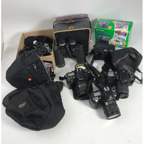 345 - CAMERA'S & A PAIR OF BINOCULARS INC NIKON D7000 & D70, CANON EOS 30, BOXED FUJIFILM INSTAX100 ETC