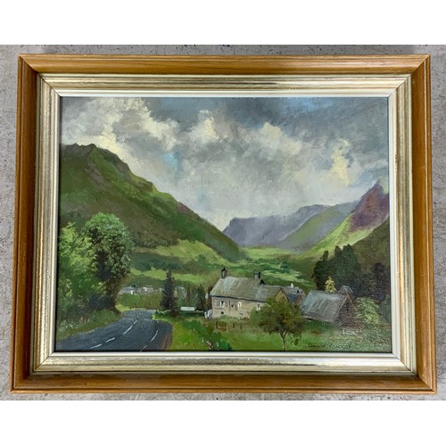 28 - PICTURES AND PRINTS INC. OIL ON PANEL VALLEY ROAD SCENE SIGNED DONALD PERRETT, BAXTER PRINT DEPICTIN... 