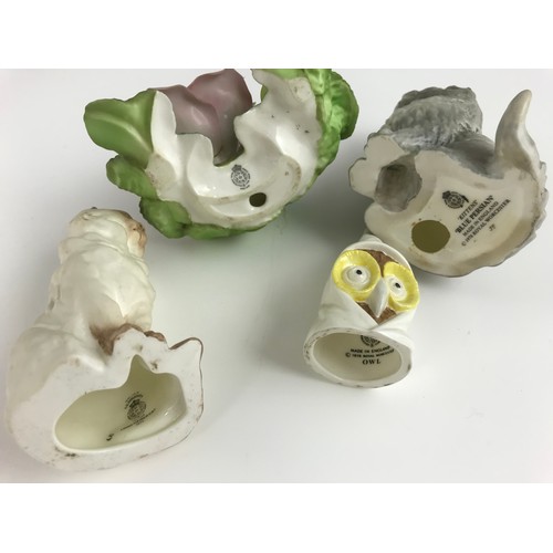 134 - 2 ROYAL WORCESTER CAT MODELS, OWL CANDLE SNUFFER & A ROSE