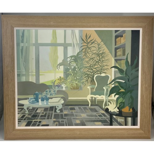 2 - OIL ON CANVAS DEPICTING DRAWING ROOM SCENE, INDISTINCTLY SIGNED, APPROX. 76 X 61 cm