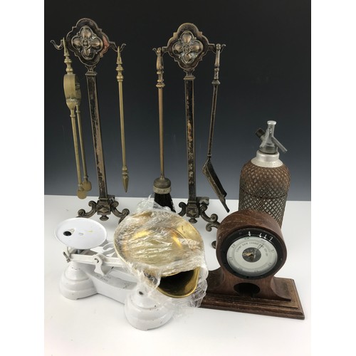 338 - MISC. ITEMS INC. MESH SODA SIPHON, MANTLE BALLOON SHAPED BAROMETER, 2 COMPANION SETS AND SET OF KITC... 