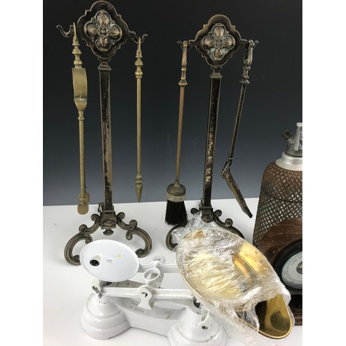 338 - MISC. ITEMS INC. MESH SODA SIPHON, MANTLE BALLOON SHAPED BAROMETER, 2 COMPANION SETS AND SET OF KITC... 