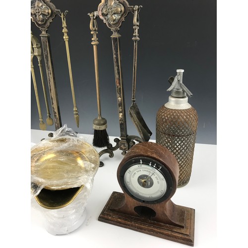 338 - MISC. ITEMS INC. MESH SODA SIPHON, MANTLE BALLOON SHAPED BAROMETER, 2 COMPANION SETS AND SET OF KITC... 