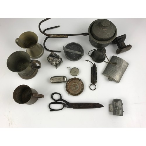 298 - MISC. ITEMS INC. LEAD AND PEWTER, INCLUDING AN ICE CREAM MOULD, LEAD VESSEL, GRAPPLING HOOK, TAILORS... 