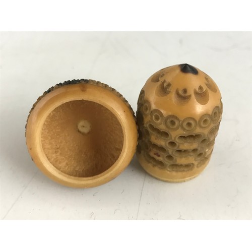 327 - CARVED WOODEN JEWELLERY BOX AND TAGUA NUT/ VEGETABLE IVORY ACORN THIMBLE CASE