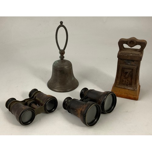 351 - TWO PAIRS OF OLD BINOCULARS TOGETHER WITH A BELL & A 7LB WEIGHT