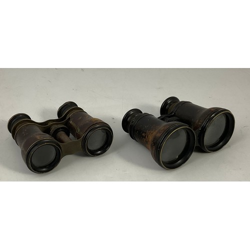 351 - TWO PAIRS OF OLD BINOCULARS TOGETHER WITH A BELL & A 7LB WEIGHT