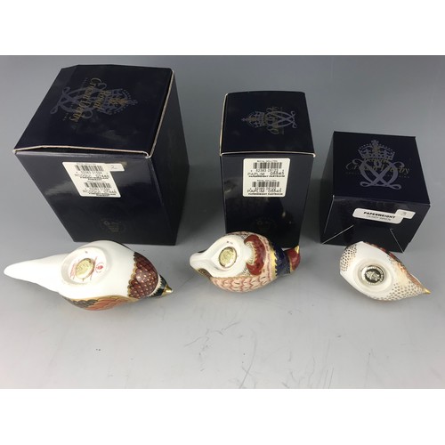 132 - ROYAL CROWN DERBY WOODLAND PHEASANT, WREN & PARTRIDGE PAPERWEIGHTS BOXED