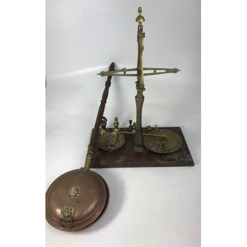 279 - SET OF LIBRASCO BRASS BALANCE SCALES AND WEIGHTS AND A WARMING PAN