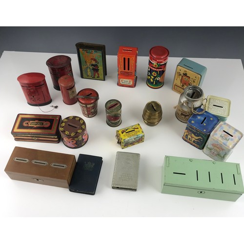 330 - INTRESTING COLLECTION OF TIN MONEY BOXES  ETC