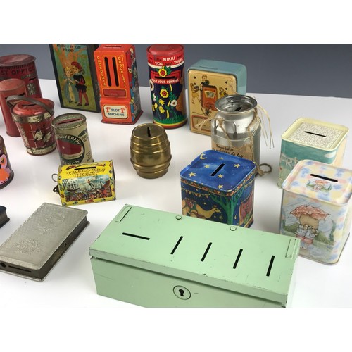 330 - INTRESTING COLLECTION OF TIN MONEY BOXES  ETC