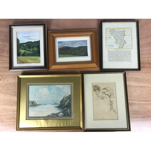 66 - PETER WELLS, 2 SMALL WATER COLOURS TOGETHER WITH 2 PRINTS AND A MAP